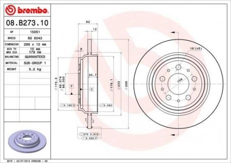 08.b273.10_диск тормозной задний volvo v70xc70 2.0-2.52.5d 96> BREMBO 08.B273.10