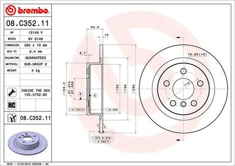 Диск тормозной bmw 2 f4546 x1 f48 задний d=280мм. BREMBO 08C35211 (фото 1)