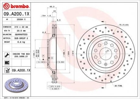 Диск тормозной задний audi a3 8p1 05030812audi a3 8v1 8vk 0412audi a3 convertible 8v7 8ve 1013audi a BREMBO 09A2001X