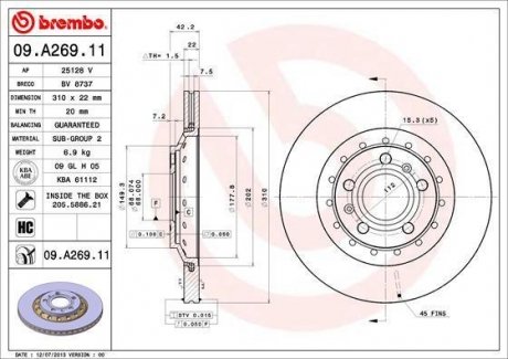 Торм.диск зад.вент.[310x22] 5 отв.[min2] BREMBO 09.A269.11