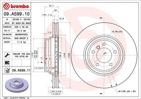 Диск тормозной передн bmw: 3 05-, 3 touring 05-, 3 кабрио 06-, 3 купе 06- BREMBO 09.A599.11