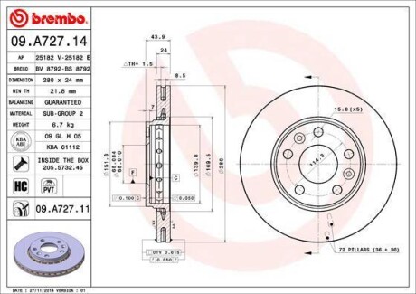 Гальмівний диск BREMBO 09.A727.14