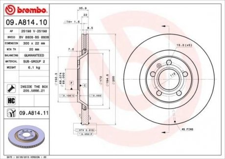 Диск тормозной задн audi: a4 00-04, a4 04-, a4 ava BREMBO 09.A814.11