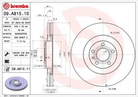 Торм.диск audi a4 convertible (8h7, b6, 8he, b7) (0304-0309) f audi a4 avant (8ed, b7) (1104-06 BREMBO 09.A815.11