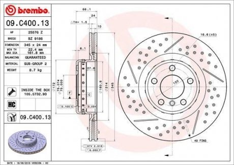 ДИСК ТОРМОЗНОЙ ЗАДН, BMW1 10-, 2 COUPE 13-, 3 11-, 3 GRAN TURISMO 13-, 3 TOURING 11-, 4 CONVERT BREMBO 09C40013