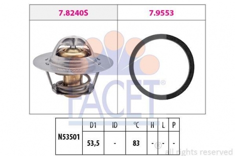 Термостат 82°С Renault 19 89-,Clio 85-,Laguna 94-,Trafic 89- (3 прокладки) FACET 7.8240