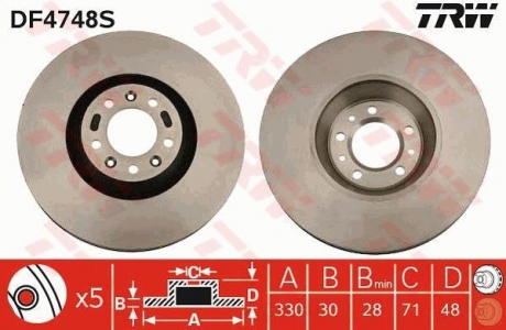 Диск гальмівний PEUGEOT 407/607 "F D=330mm "04-10 TRW DF4748S