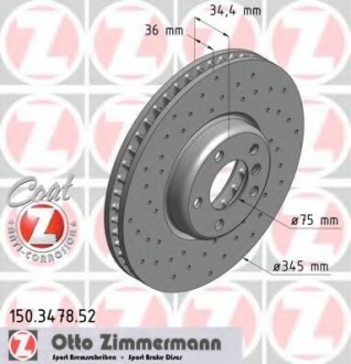 Диск гальмівний перед. лівий BMW 5 (F07, F10, F11, F18), 6 (F12, F13, F06), 7 (F01, F02, F03, F04) 3.0/3.5/4.0D 09- ZIMMERMANN 150.3478.52